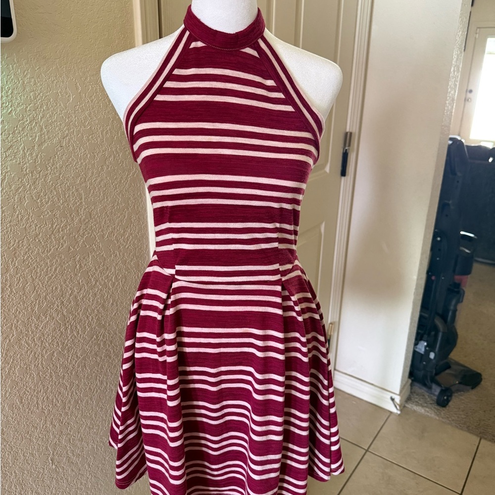 Copper Key Burgundy and Light Pink Halter Striped Fit & Flare Mini Dress